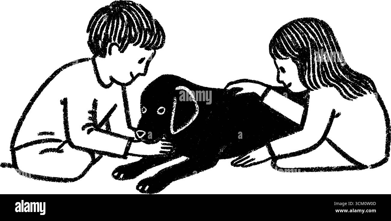 Bambini che giocano con un vecchio cane calmo in una scena delicata. Illustrazione Vettoriale
