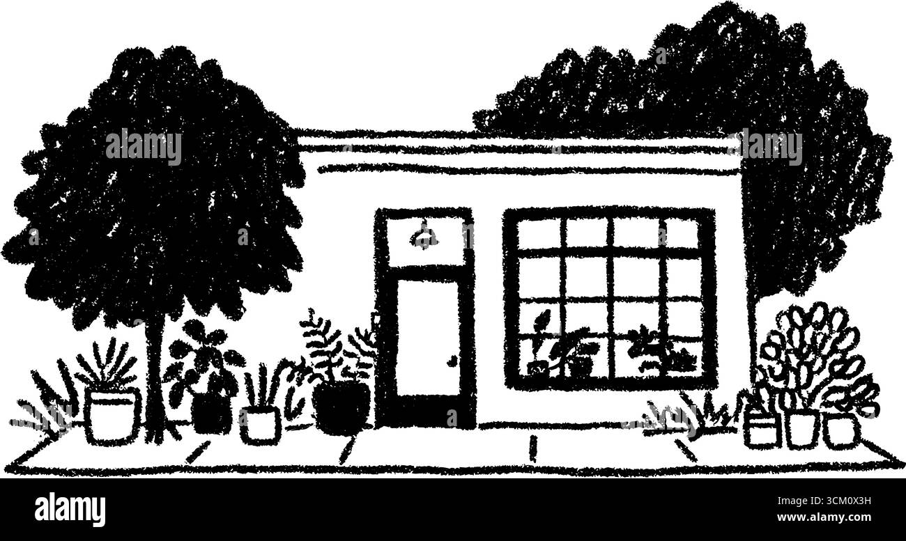 Affascinante caffetteria che si affaccia sulla strada e abbozza di vegetazione lussureggiante. Illustrazione Vettoriale