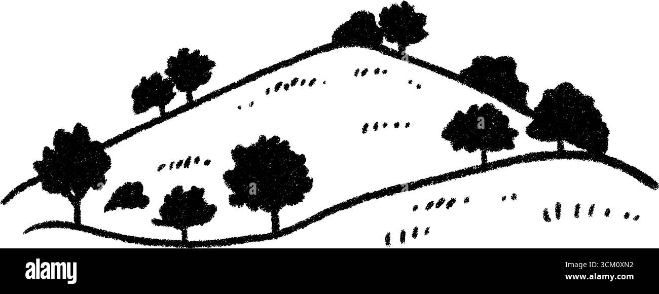 Sereno schizzo in cima alla collina con alberi sparsi per progetti artistici. Illustrazione Vettoriale