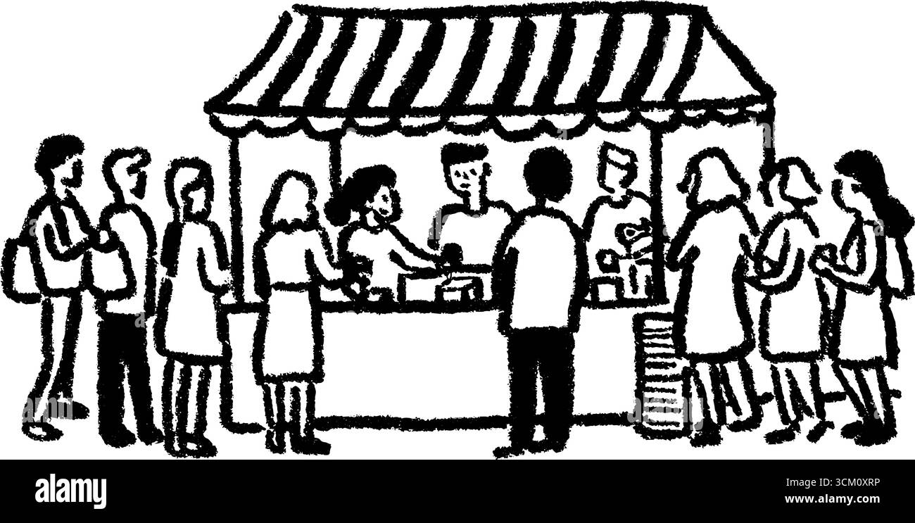 Vivace scena di strada che disegna con bancarelle di cibo e gente. Illustrazione Vettoriale