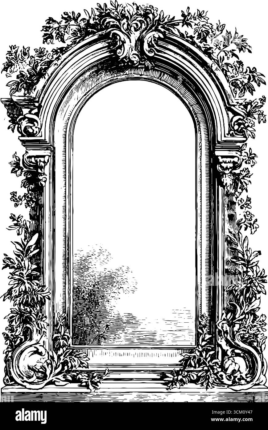 Elegante banner in pietra in stile romano con top ad arco e intricate incisioni per un design vintage. Illustrazione Vettoriale