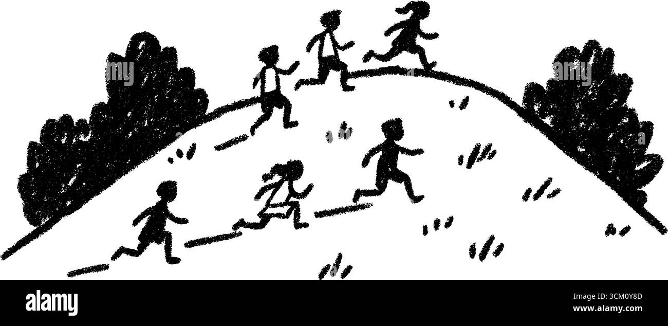 Bambini giocosi che si muovono giù per la collina del parco erboso in stile sketch. Illustrazione Vettoriale