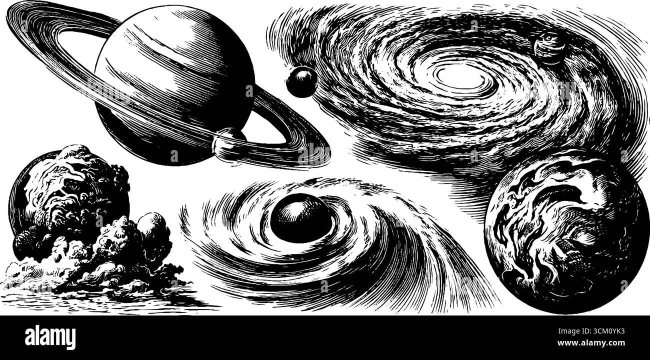 Illustrazioni cosmiche vintage di galassie, bracci a spirale e buchi neri. Illustrazione Vettoriale