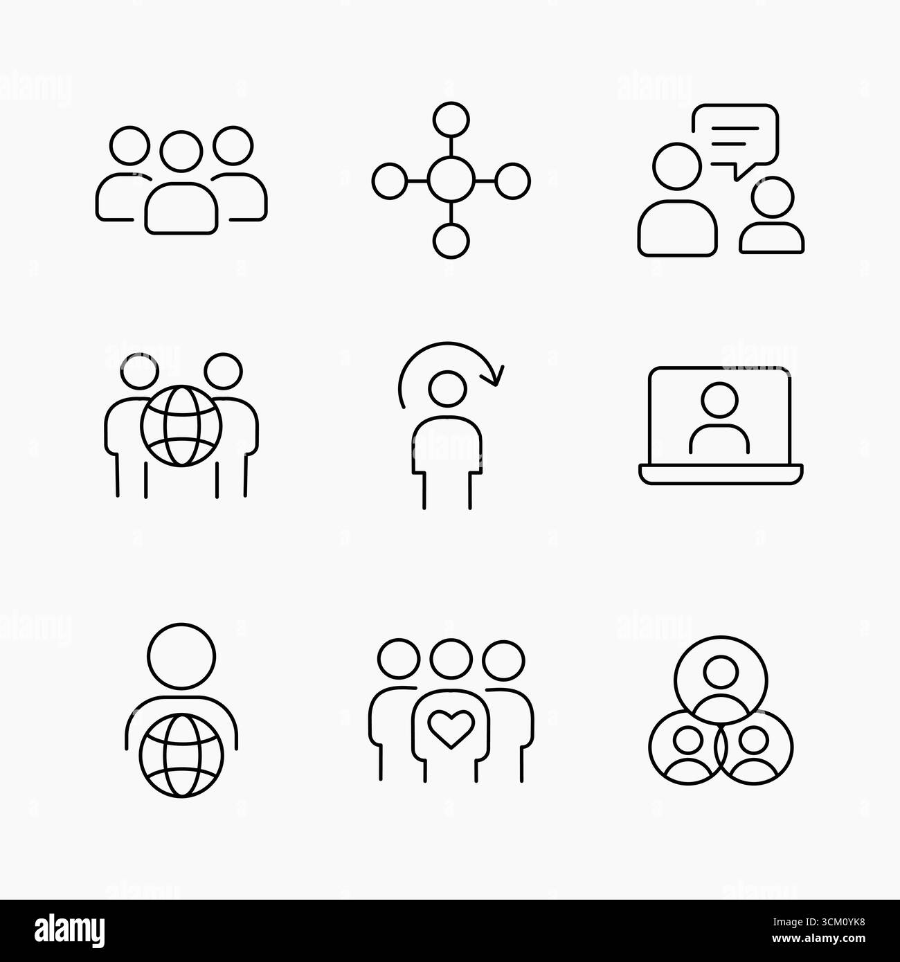 Raccolta di semplici icone che simboleggiano la comunità, il lavoro di squadra, la connessione globale, le riunioni online e la collaborazione in uno stile moderno e pulito, vecto Illustrazione Vettoriale