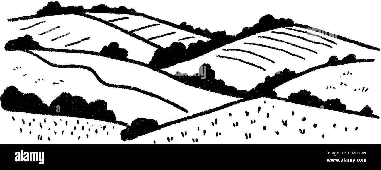 Colline ondulate disegnate a mano con campi patchwork e design paesaggistico strutturato. Illustrazione Vettoriale