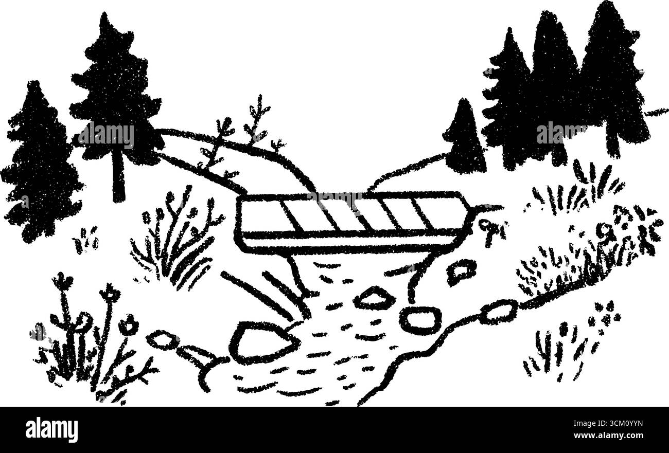 Schizzo disegnato a mano di una piccola passerella su un torrente di foresta con alberi e rocce. Illustrazione Vettoriale