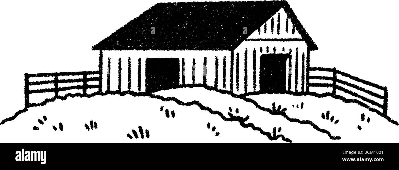 Abbozzo rustico stabile con porte a stalla aperte e fascino della campagna. Illustrazione Vettoriale