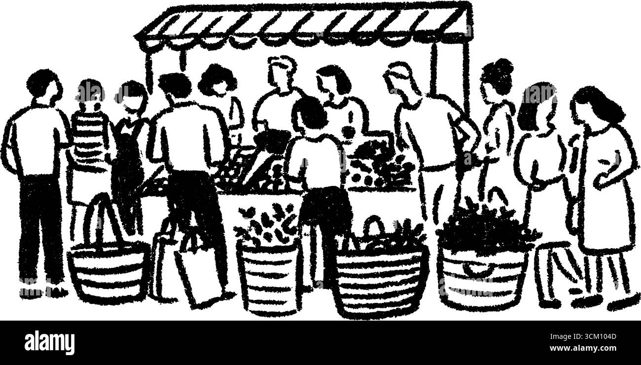 Vivace scena del mercato con cestini e bancarelle - schizzo disegnato a mano. Illustrazione Vettoriale