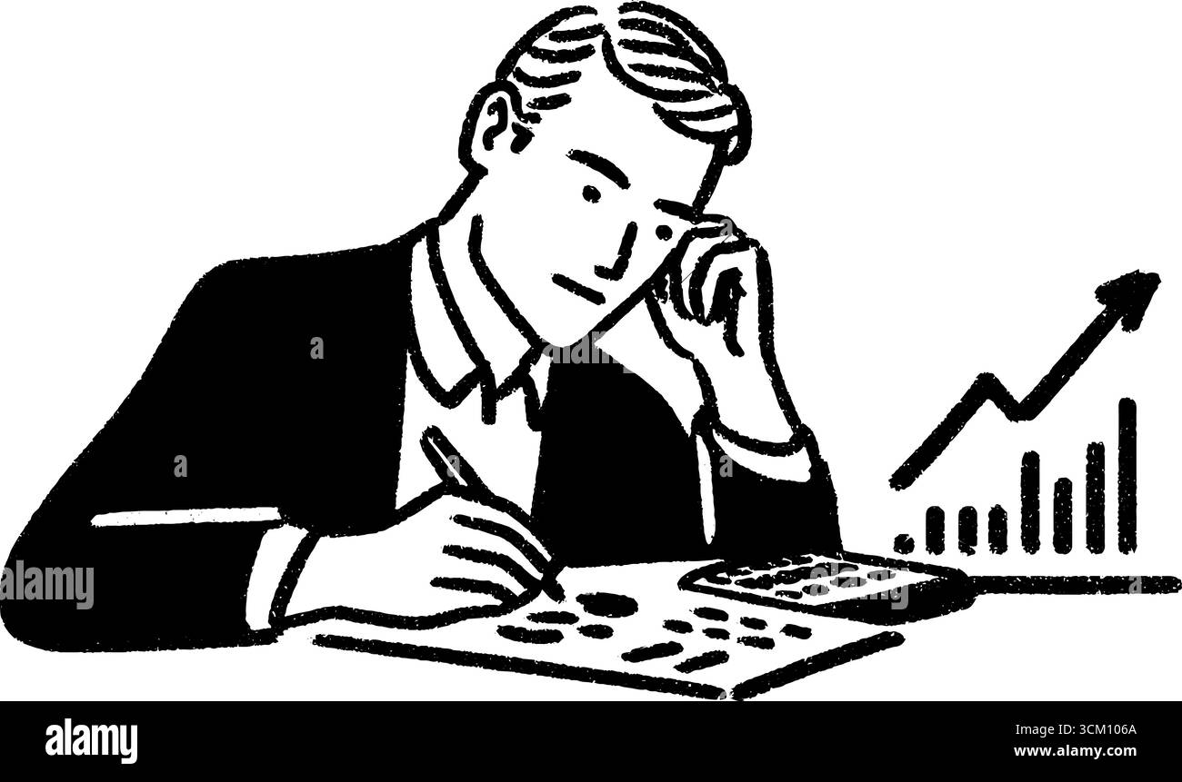 Investitore che analizza il roi con calcoli e grafici per informazioni finanziarie. Illustrazione Vettoriale