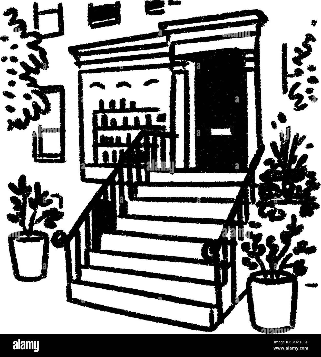 Fascino urbano: Schizzo disegnato a mano di una facciata di libreria all'angolo della strada. Illustrazione Vettoriale