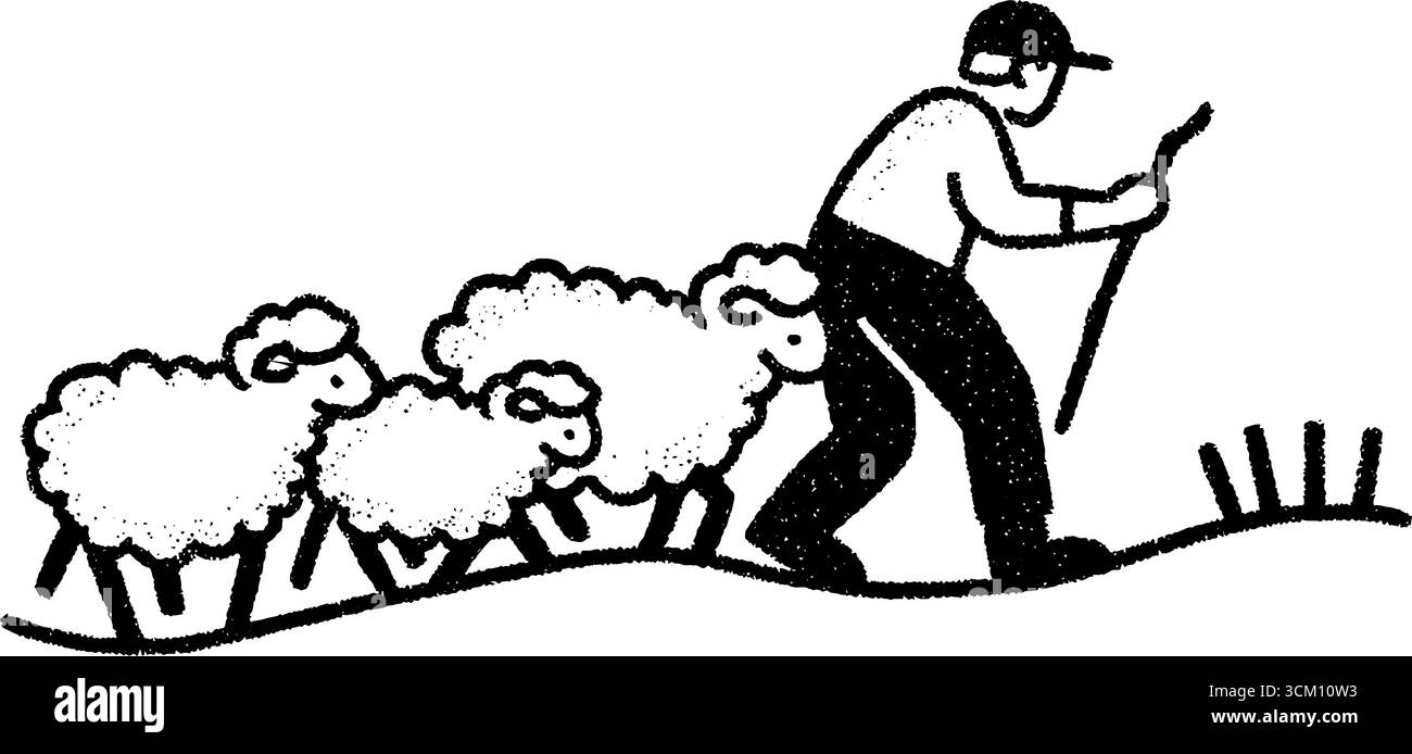 Scena pastorale di contadini che allevano pecore con bastone - fascino di campagna per progetti di design. Illustrazione Vettoriale Scena pastorale di contadini che allevano pecore con bastone - fascino di campagna per progetti di design. Illustrazione Vettoriale