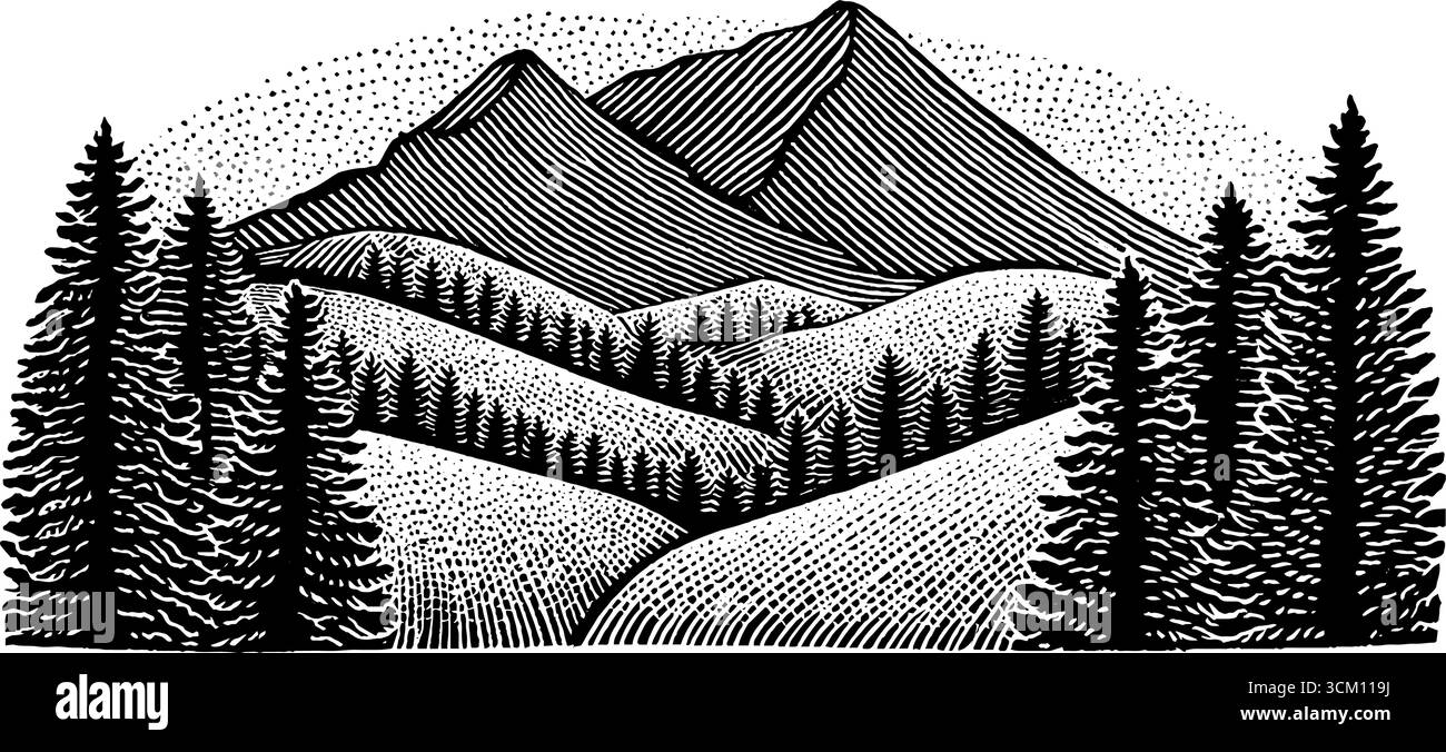 Sentiero panoramico in collina con pini e montagne in un paesaggio d'epoca. Illustrazione Vettoriale