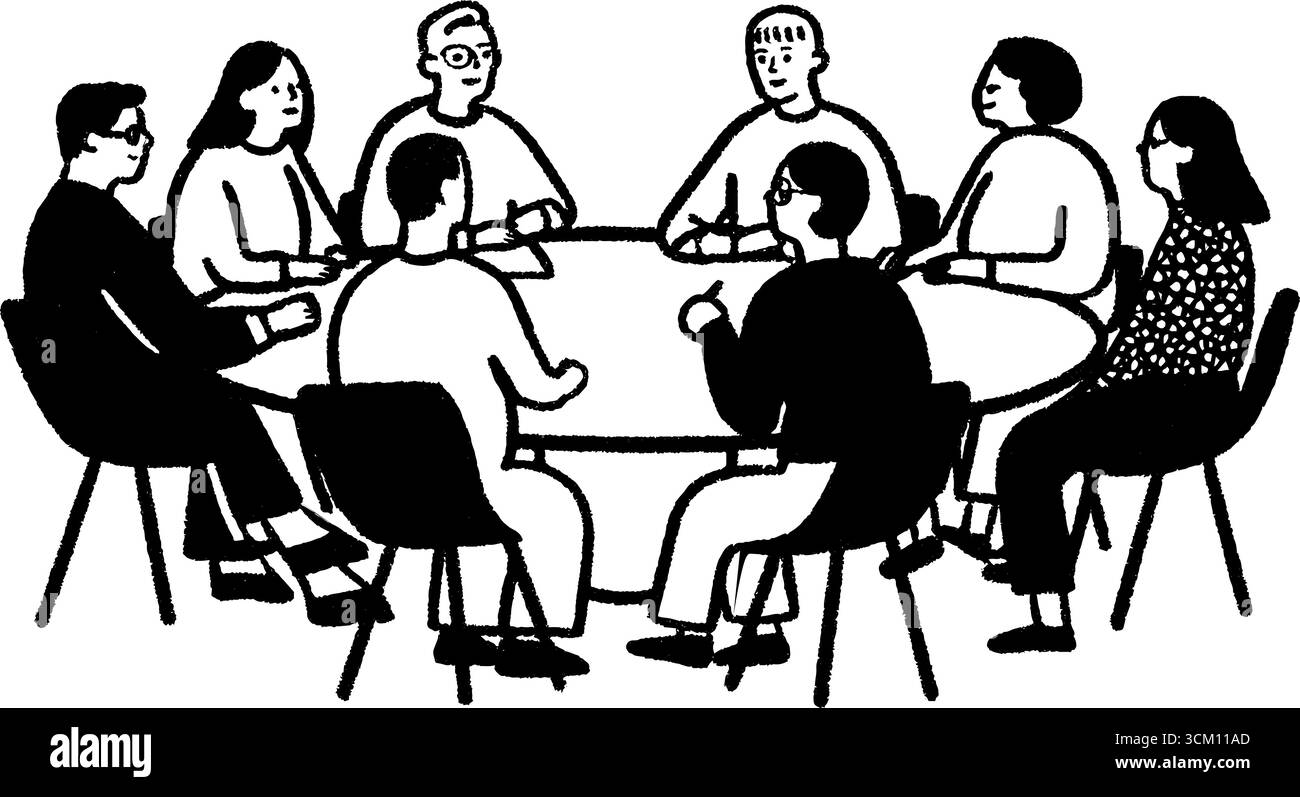 Riunione del team collaborativo a un tavolo circolare per sessioni di brainstorming creativo. Illustrazione Vettoriale