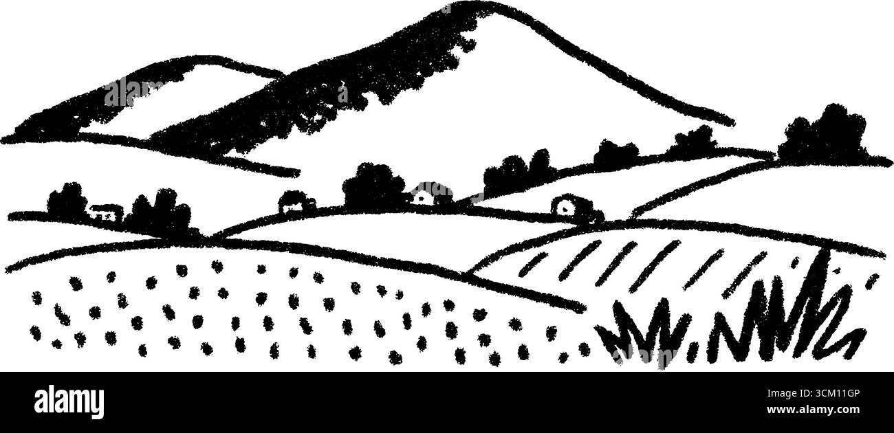 Tranquillo paesaggio di colline lontane e terreni agricoli con colture. Illustrazione Vettoriale