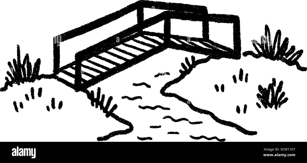 Semplice passerella sul canale di irrigazione per la progettazione del paesaggio. Illustrazione Vettoriale