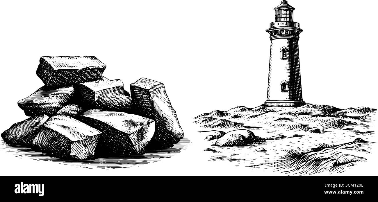 Schizzo vintage delle rovine del faro e dei mattoni intemprati per un design retrò. Illustrazione Vettoriale