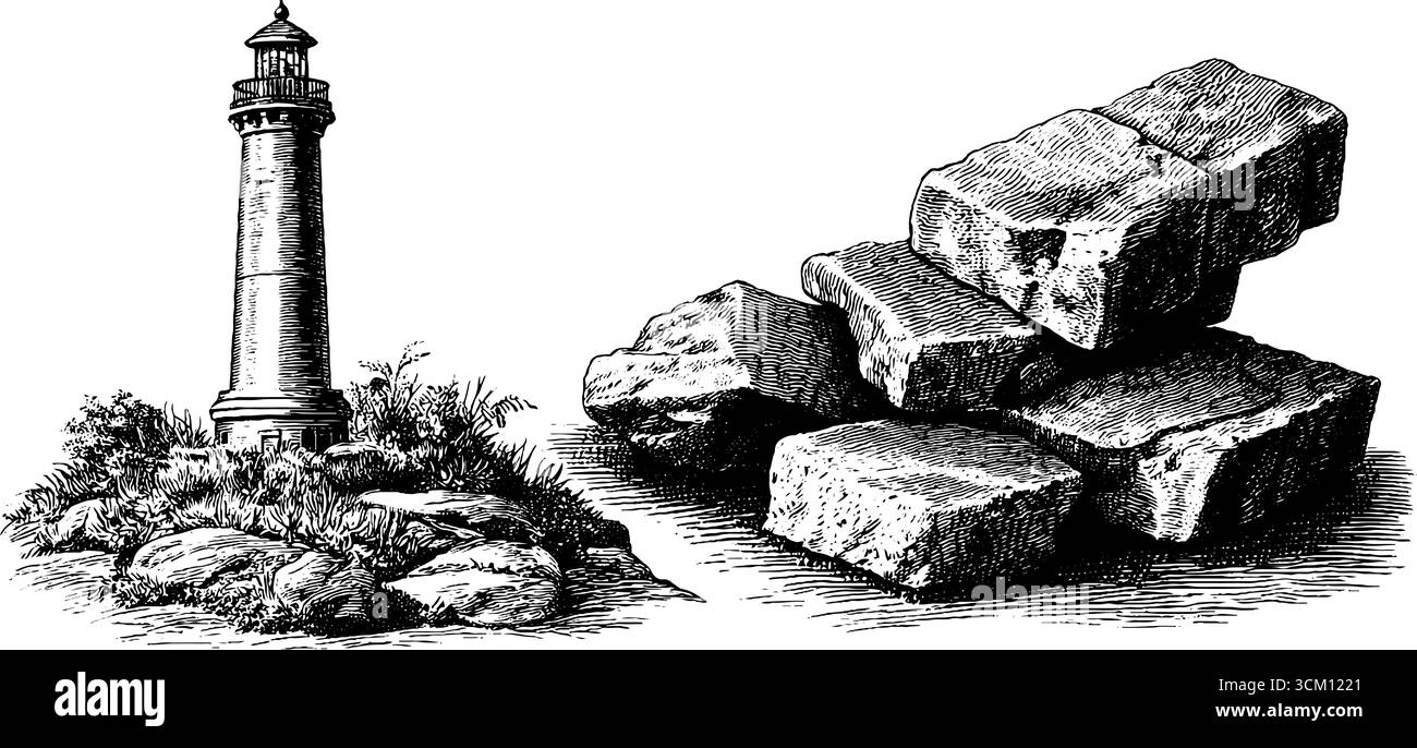 Faro d'epoca e mattoni logori di sale per un design a tema nautico. Illustrazione Vettoriale
