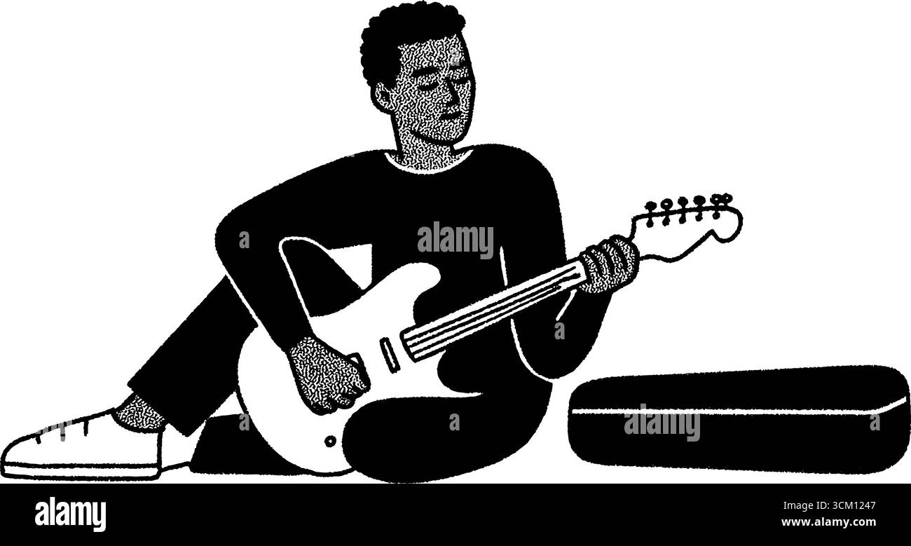 Artista di strada che suona la chitarra con custodia aperta per suggerimenti - sketch art in bianco e nero. Illustrazione Vettoriale