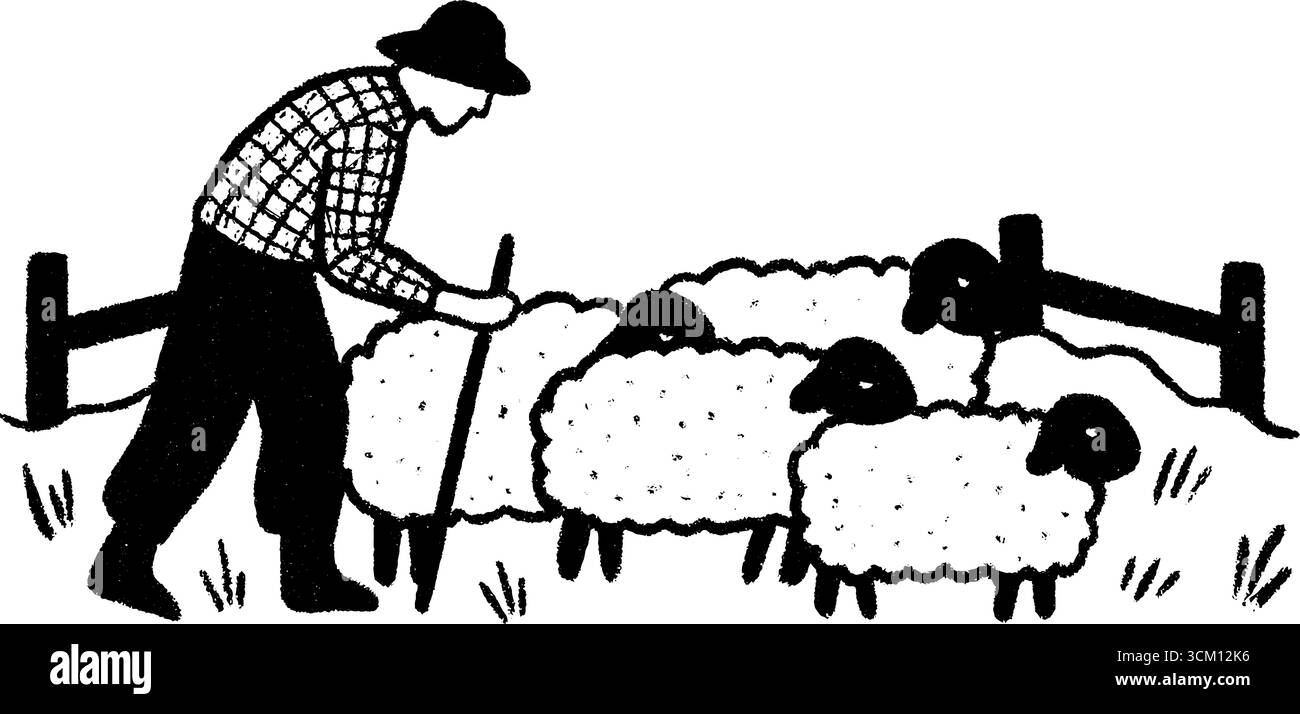 Allevatore di pecore con bastone in un paesaggio pastorale. Illustrazione Vettoriale Allevatore di pecore con bastone in un paesaggio pastorale. Illustrazione Vettoriale