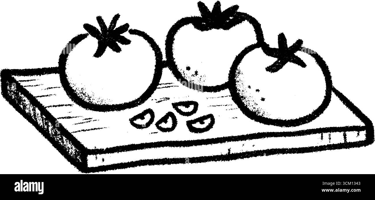 Schizzo disegnato a mano della stazione per affettare pomodori con tagliere. Illustrazione Vettoriale