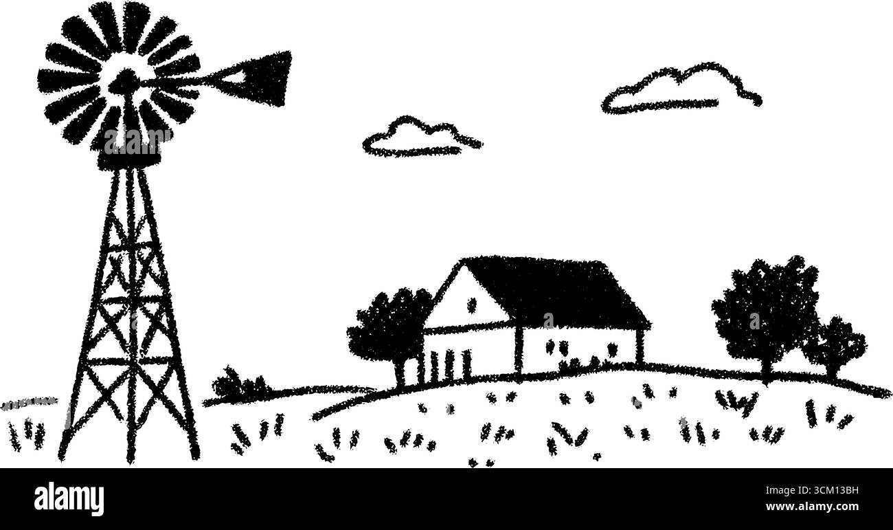 Mulini a vento rustici e terreni agricoli con cielo aperto e nuvole. Illustrazione Vettoriale