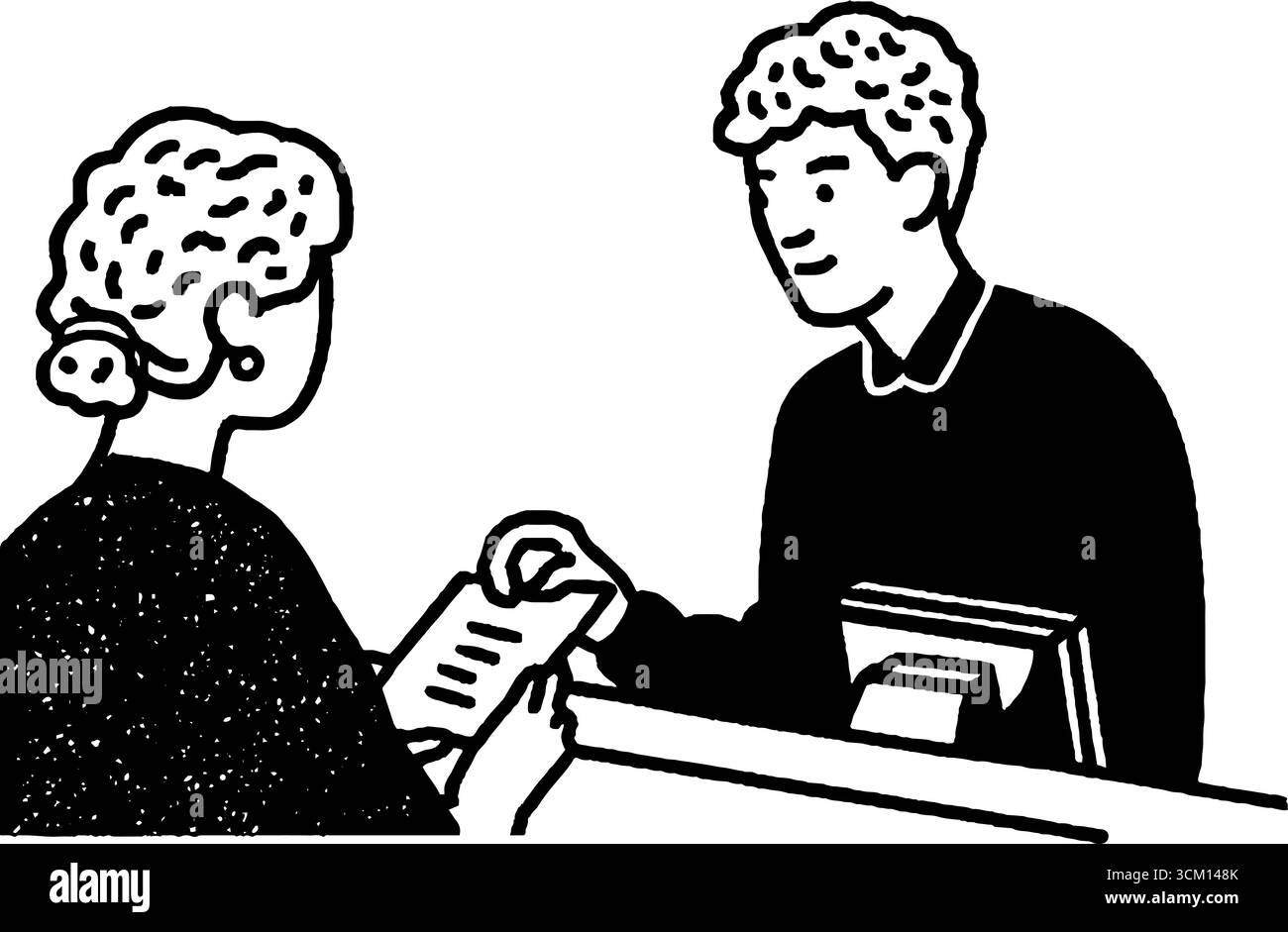 Check-in in hotel con personale addetto alla reception e interazione con gli ospiti per il design dell'ospitalità. Illustrazione Vettoriale