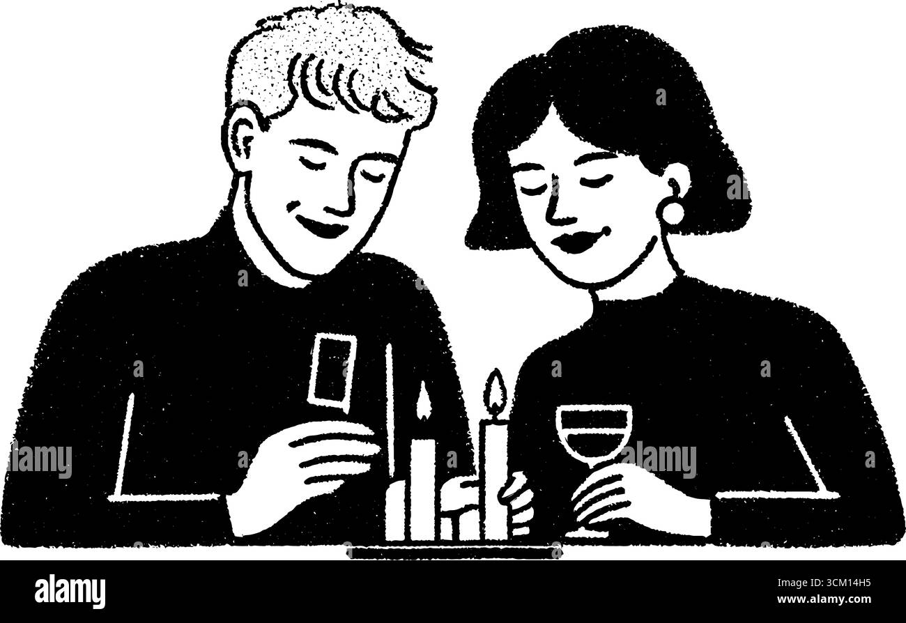 Rituale intimo di illuminazione a candela con due persone che creano insieme un'atmosfera calda. Illustrazione Vettoriale