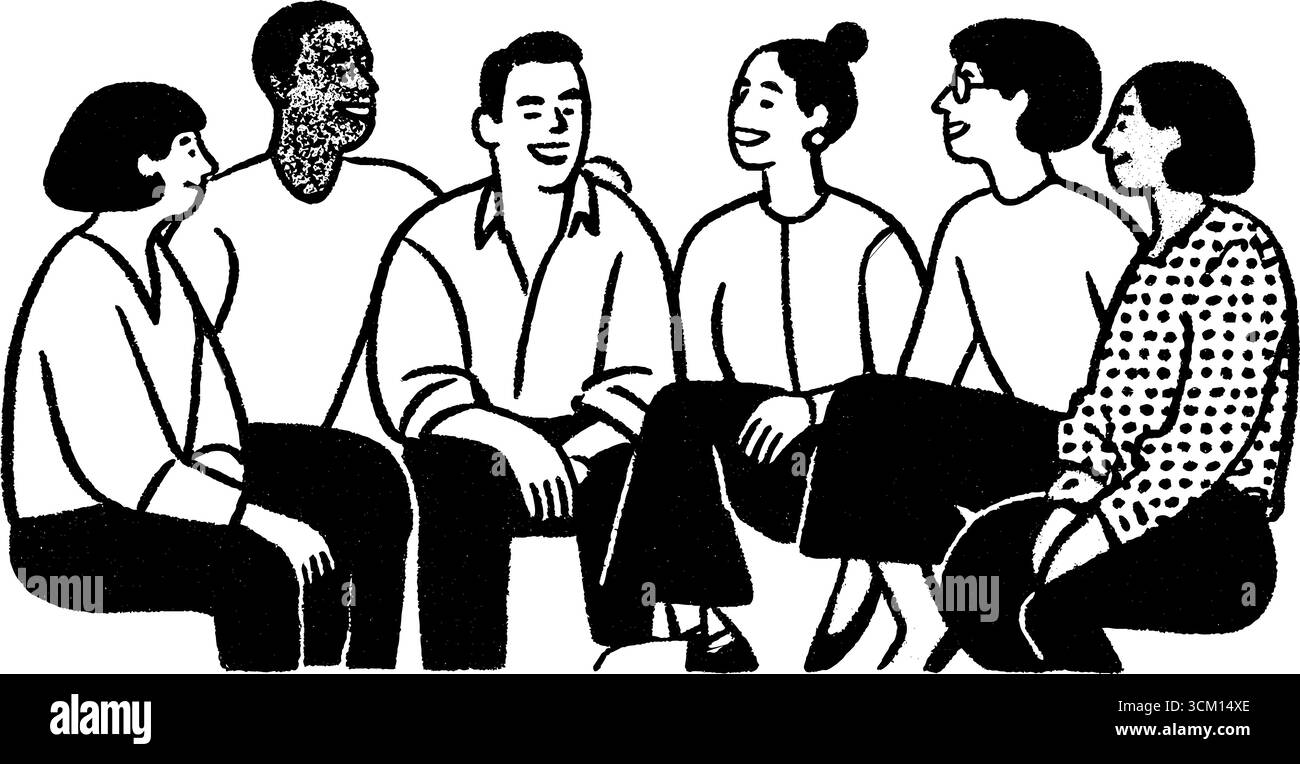 Incontro di team diversificato in un ambiente informale: Progettazione per la collaborazione tra comunità. Illustrazione Vettoriale