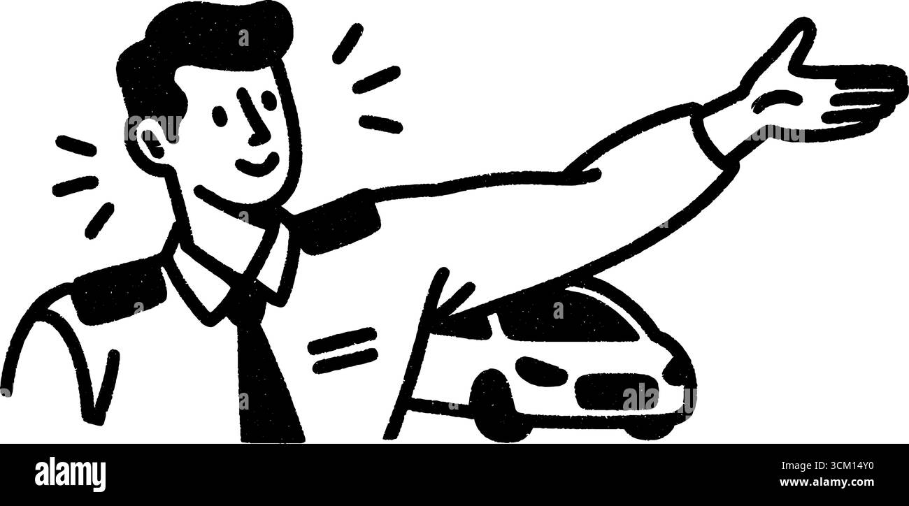 Schizzo dell'addetto al parcheggio che dirige la vettura con un gesto per la guida. Illustrazione Vettoriale