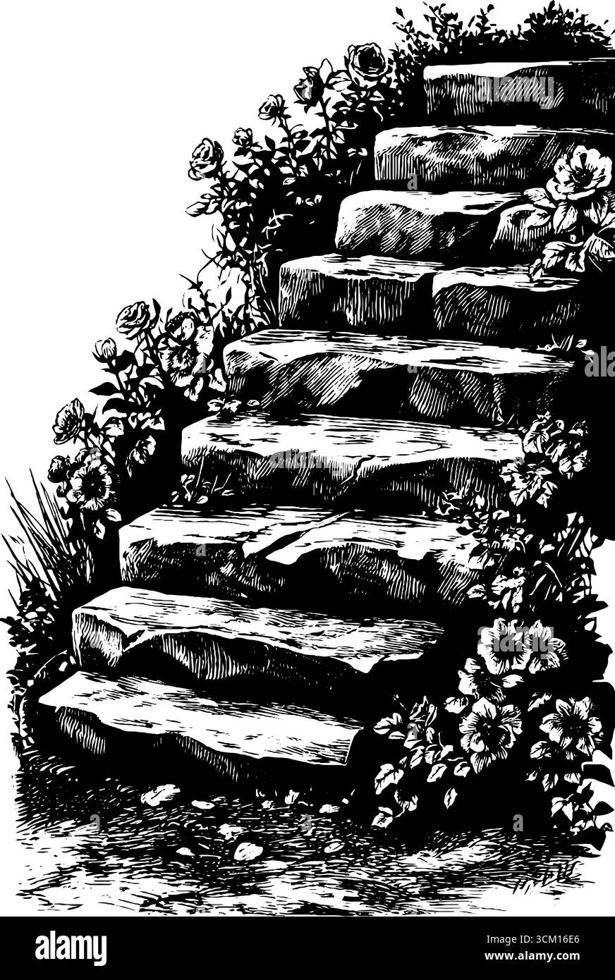 Scalini incantati del tempio ricoperti di muschio e petali lussureggianti, perfetti per un design retrò. Illustrazione Vettoriale