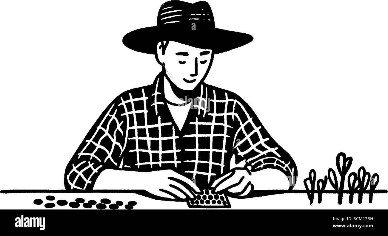 Agricoltore che organizza pacchetti di semi al tavolo con piante per la pianificazione del giardino. Illustrazione Vettoriale