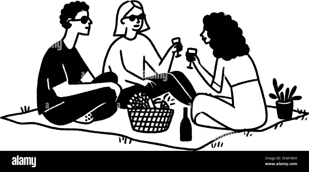 Picnic informale con gli amici che condividono spuntini all'aperto. Illustrazione Vettoriale