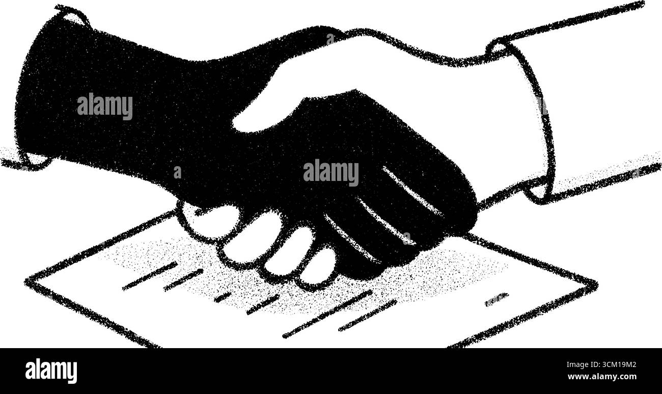 Accordo di stretta di mano: Due persone scambiano un contratto firmato. Illustrazione Vettoriale