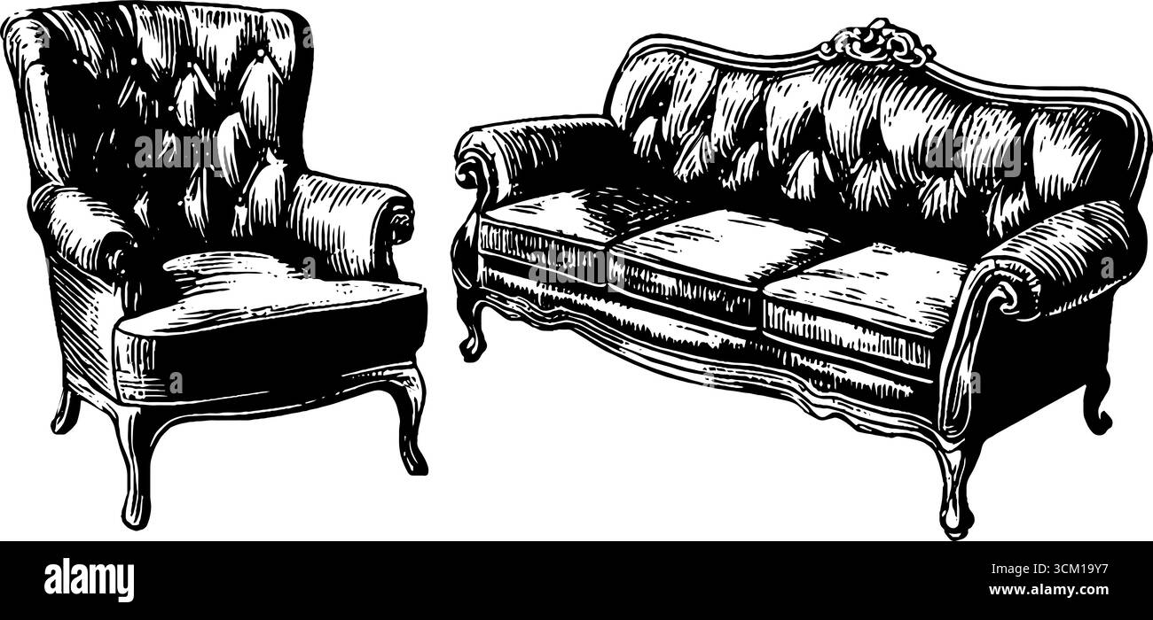 Divano e poltrona vintage con cuscini e braccioli rotondi per interni retrò. Illustrazione Vettoriale