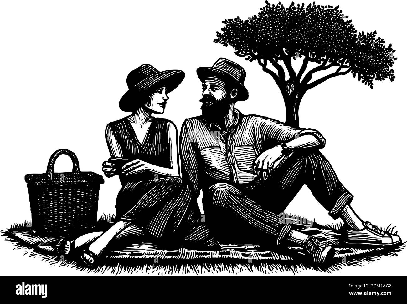 Un romantico picnic in coppia che si rilassa all'aperto in stile incisione vintage. Illustrazione Vettoriale