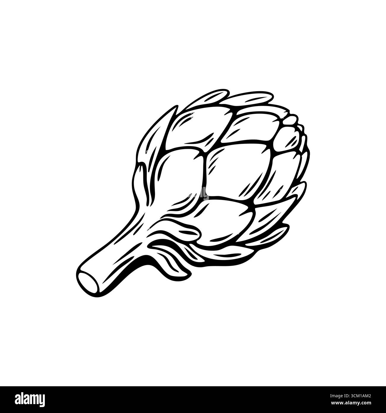 Disegno vettoriale disegnato a mano di un carciofo in stile incisione mediterranea. Perfetto per imballaggi, etichette o pagine da colorare per alimenti. Illustrazione Vettoriale