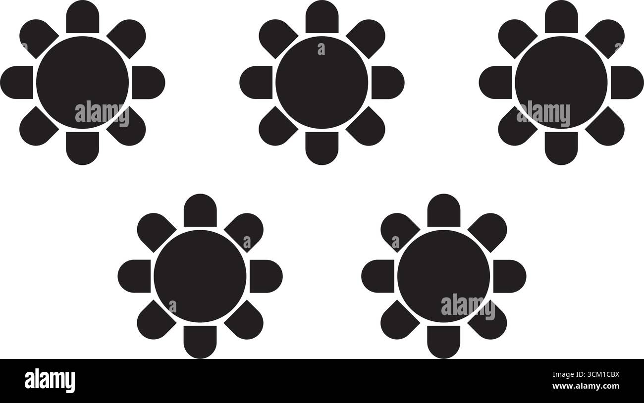 Tavoli rotondi e sedie sagome isolate su sfondo bianco. Disposizione dei posti a sedere in Cafe o ristorante. Disposizione dei posti a sedere per banchetti o ricevimenti nuziali Illustrazione Vettoriale