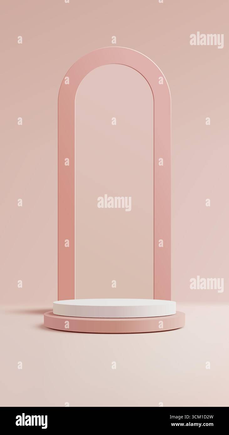 podio minimalista in rosa tenue e bianco con sfondo ad arco ideale per il mockup di prodotti cosmetici gioielli o marchi di moda in una modalità Illustrazione Vettoriale