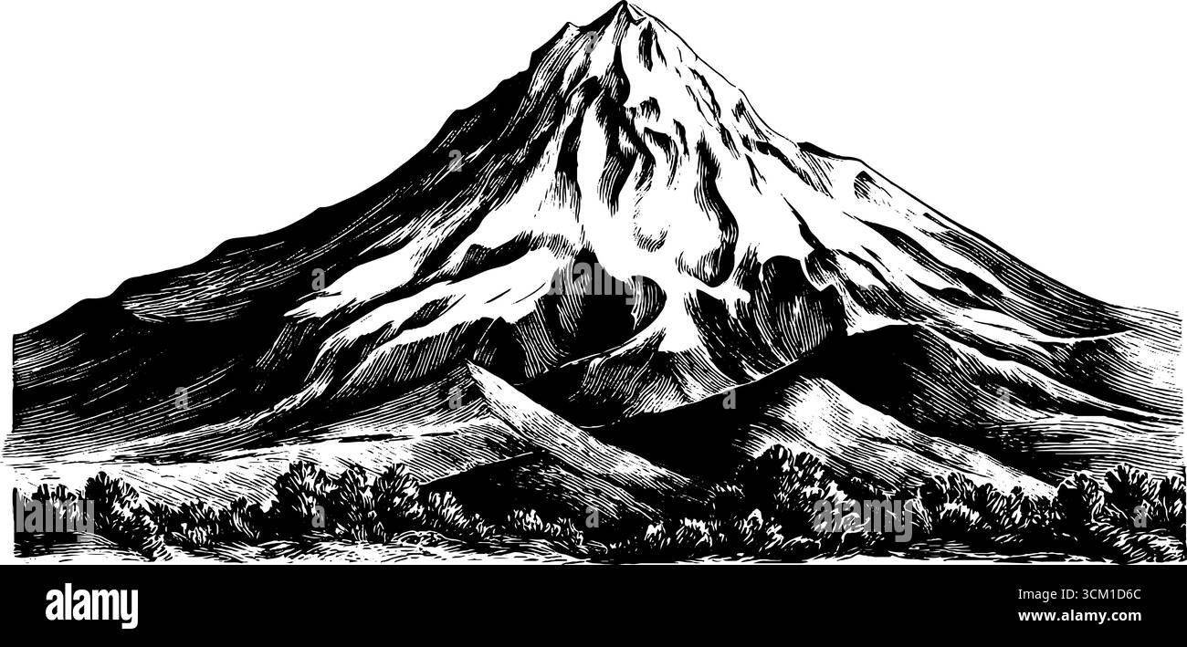 Incisione vintage del monte fuji con cime innevate e pendenze simmetriche per un design retrò. Illustrazione Vettoriale