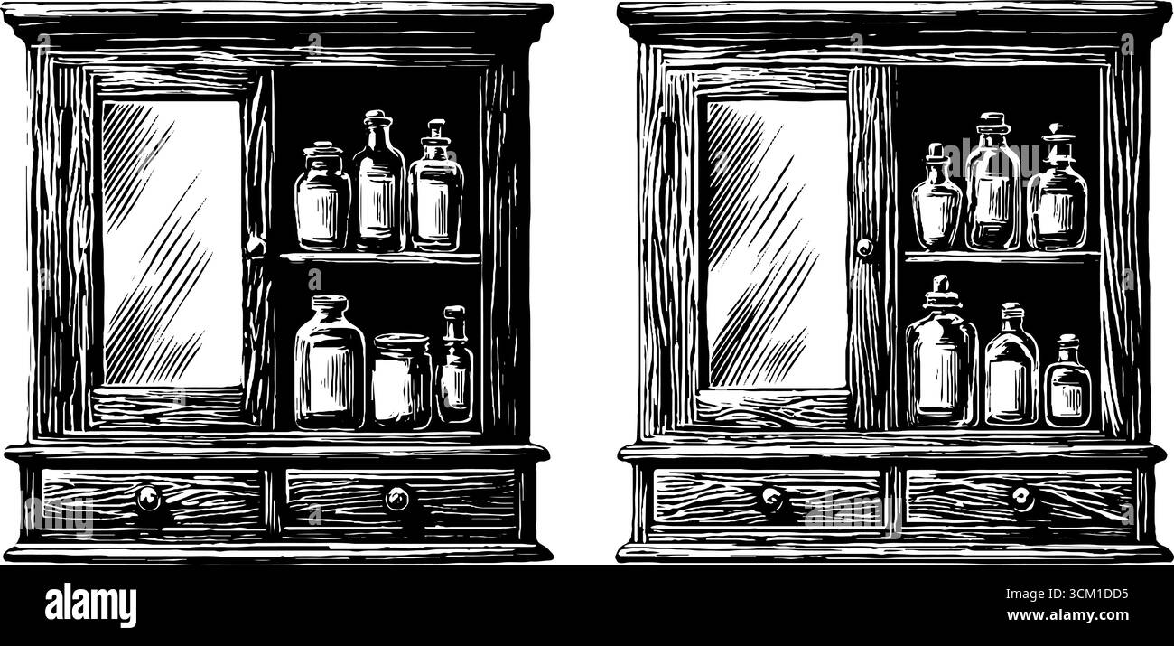 Armadietti medicali vintage con ante e cassetti in vetro - design retrò disegnato a mano per arredamento o etichettatura. Illustrazione Vettoriale
