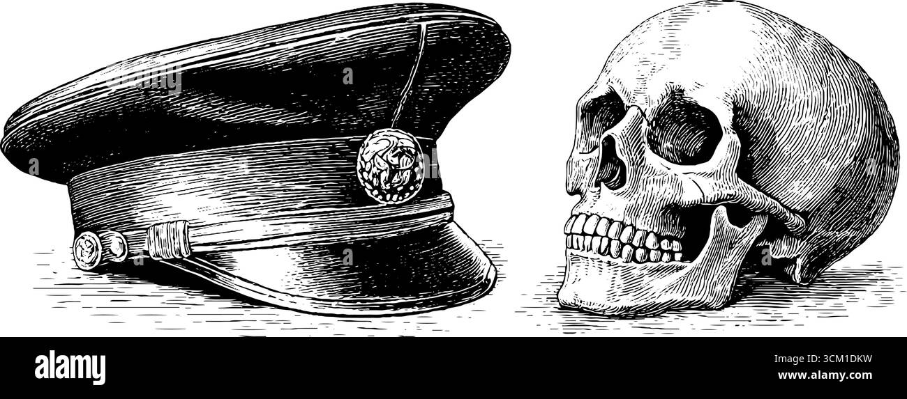 Berretto militare vintage e incisione sulla spilla del cranio per un design retrò. Illustrazione Vettoriale