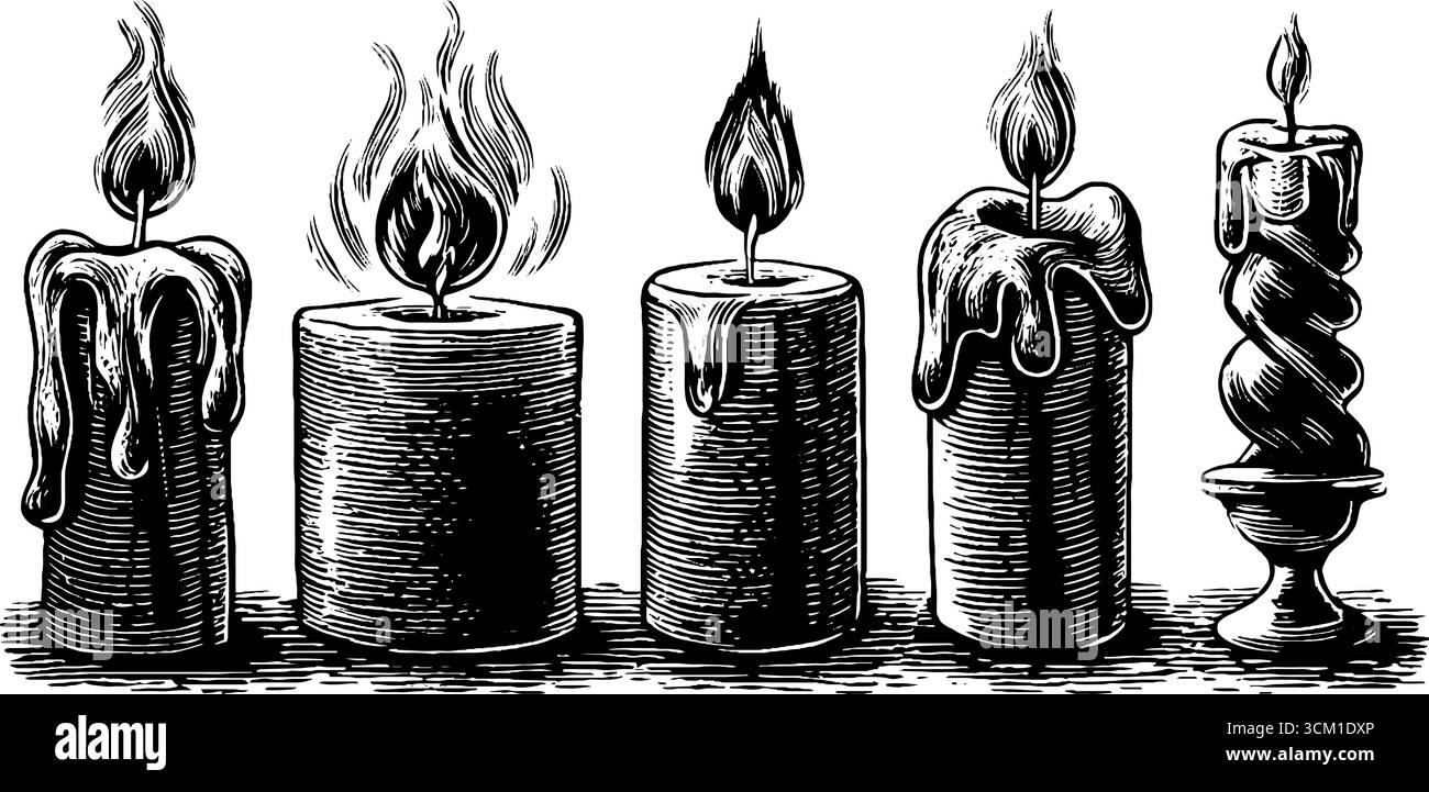 Set di candele occulte vintage con gocce di cera e design a spirale per un arredamento mistico. Illustrazione Vettoriale