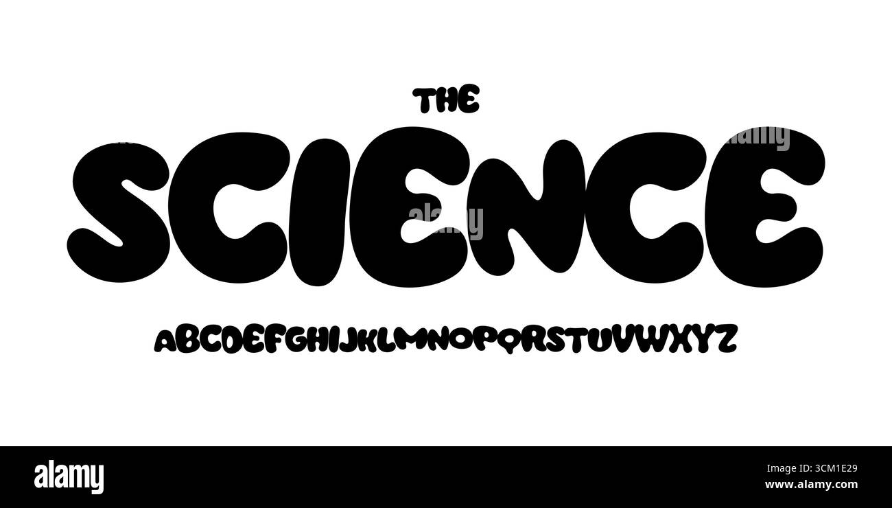 Font per l'educazione scientifica, alfabeto funky cartoni animati futuristico per titoli scientifici, logo educativo per bambini, tipografia di libri per bambini, divertimento Illustrazione Vettoriale