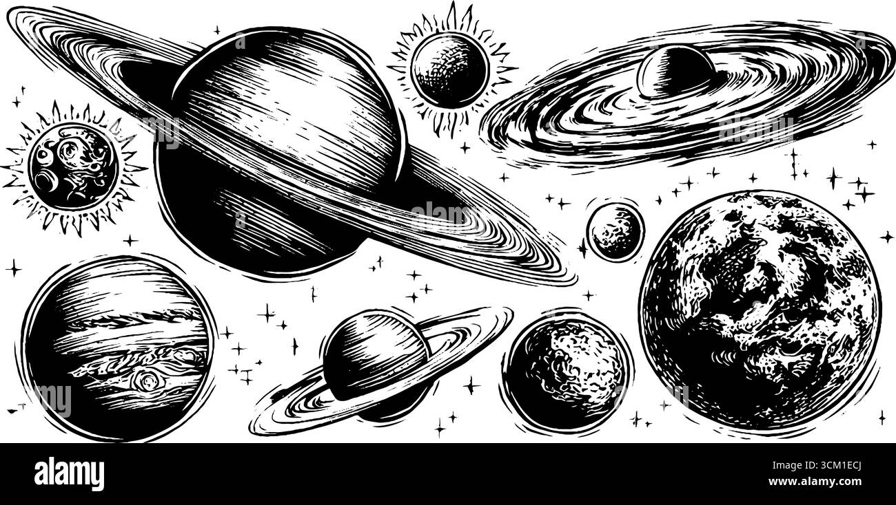 Schizzo delle meraviglie celesti: Galassie, bracci a spirale e fori neri per la progettazione. Illustrazione Vettoriale