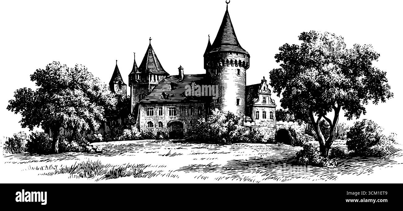 Incantevoli torri magiche e guglie a mezzaluna in uno schizzo vintage per un design magico. Illustrazione Vettoriale