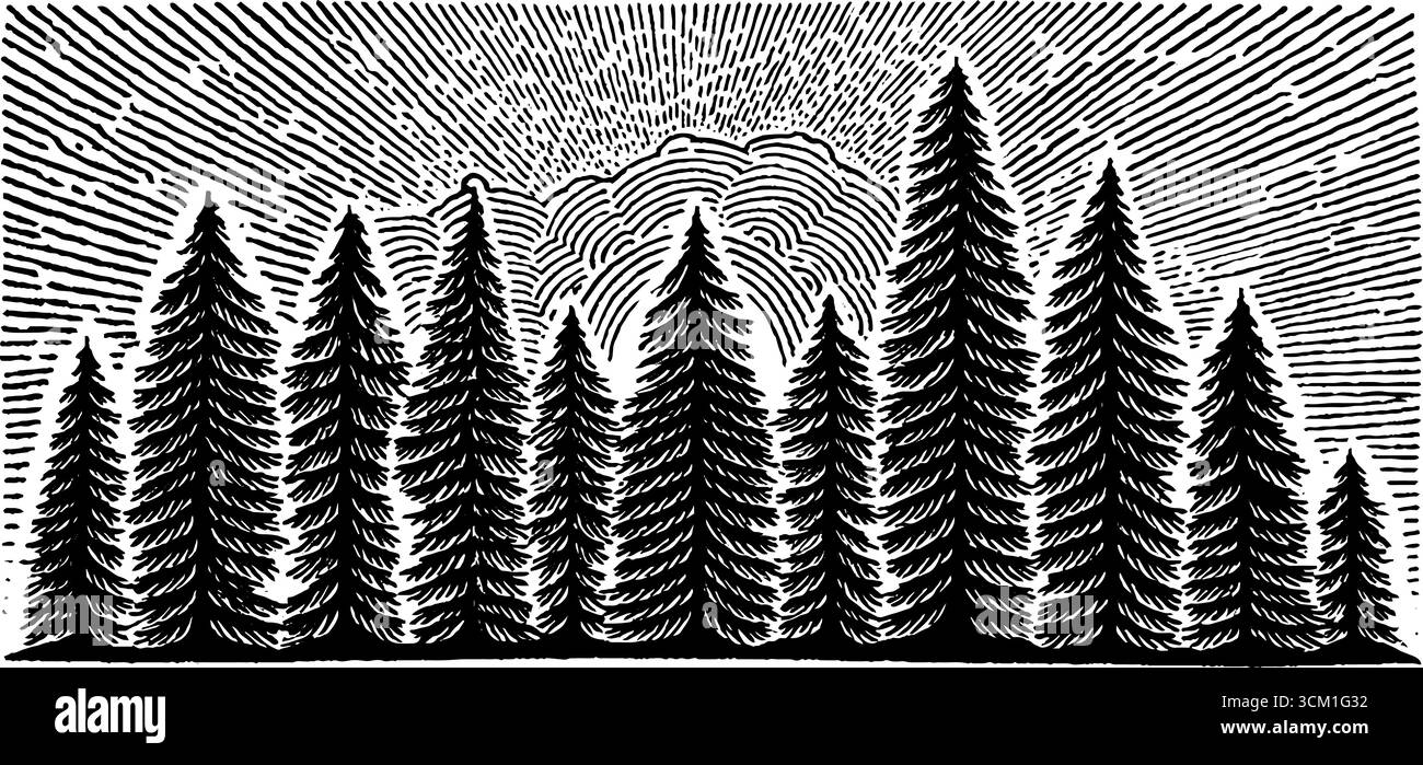 Luna piena sulla silhouette forestale in bianco e nero: Design retrò per poster e cartoline. Illustrazione Vettoriale