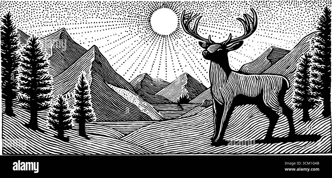 Maestoso cervo con corna ramificate in una nebbiosa silhouette di valle di montagna per un design naturale. Illustrazione Vettoriale