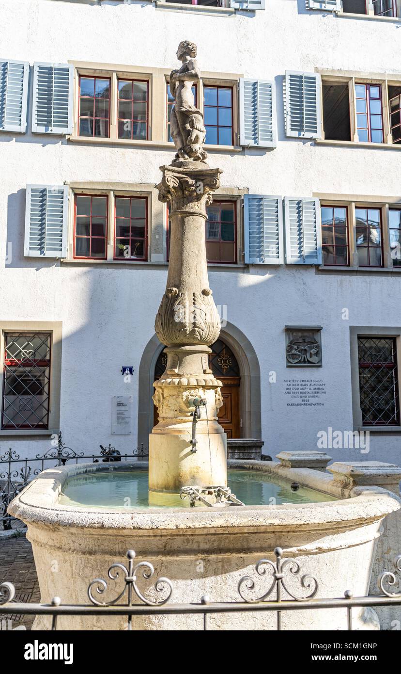Fontana di Napfbrunnen (1576) a Spiegelgasse, una storica fontana di marmo nella città vecchia di Zurigo, Svizzera Foto Stock