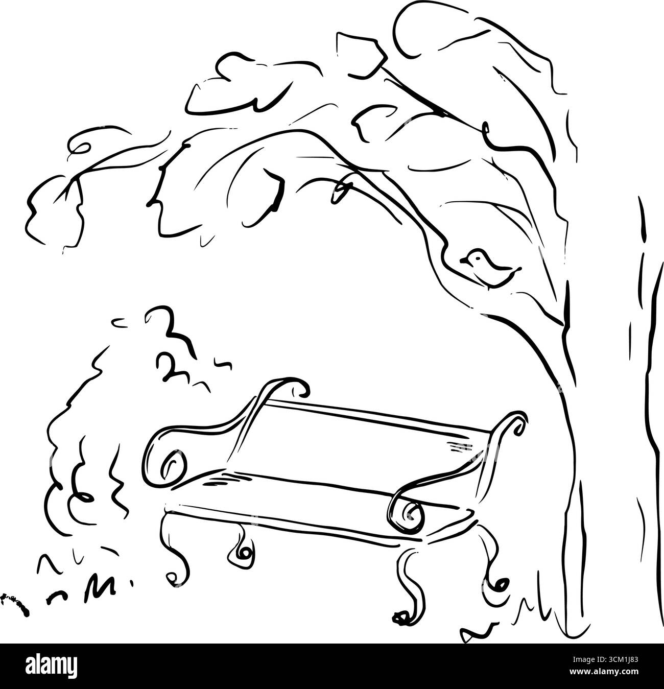 Elegante panca da giardino vintage sotto l'albero. Grafica vettoriale per disegnare rapidamente un'illustrazione grafica della linea. Perfetto per temi romantici, estetica vittoriana, Illustrazione Vettoriale