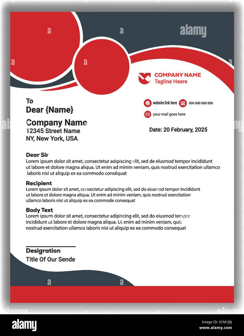 Modello carta intestata professionale | Layout carta intestata aziendale moderna in rosso, nero e bianco Illustrazione Vettoriale